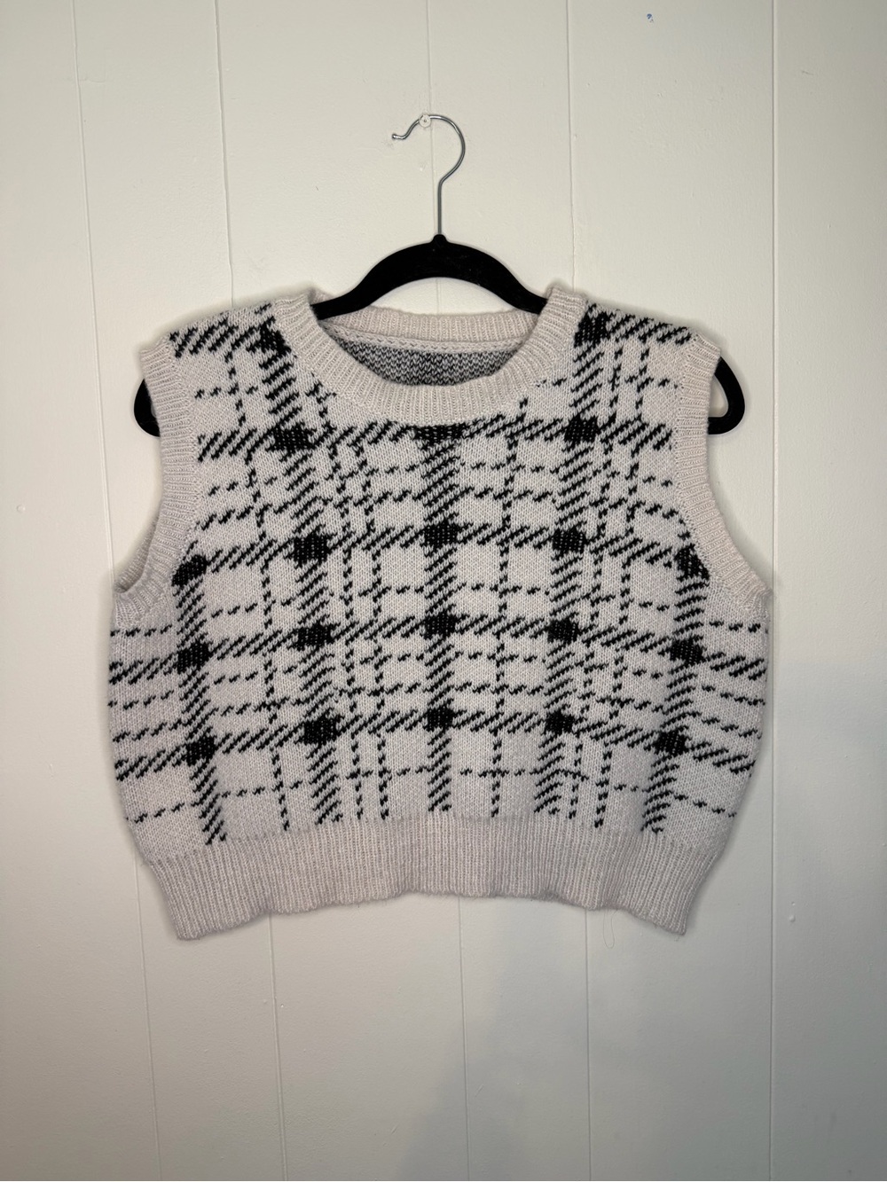 Women's Cream Plaid Knit Sweater Vest